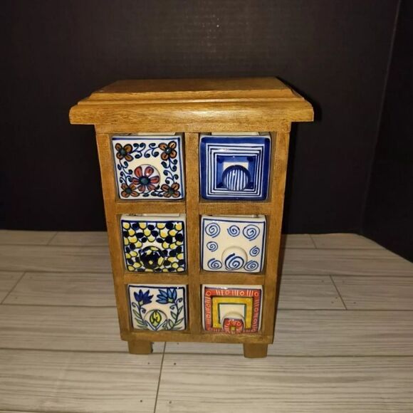 Apothecary 6 Hand Painted Ceramic Drawers Heavy Wooden Cabinet Tea Trinket Box - Picture 11 of 12